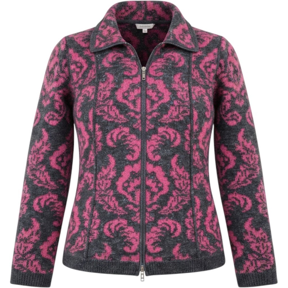 Mayser Zip Up Cardigan Women L Pink Charcoal Damask Wool Blend Vintage